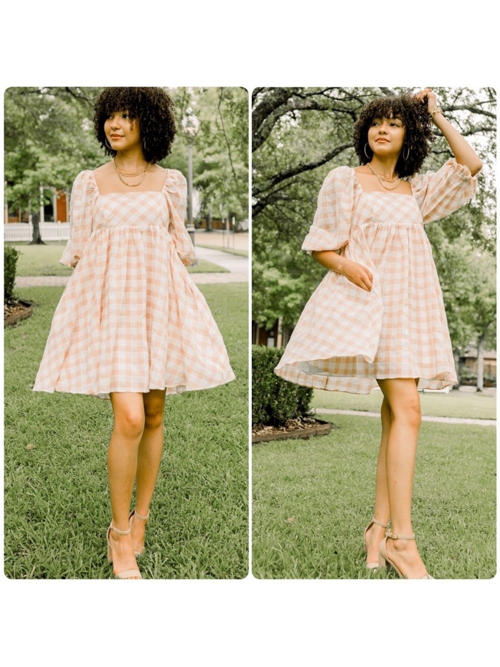 Storia Conie Puff Sleeve Short Checkered Fit Flare Babydoll Dress